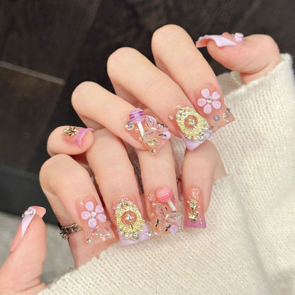 3286-Lavender & Pink Duck Nails | Flare Press On Nails with 3D Flowers & Butterflies