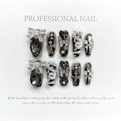 AHZG-Midnight Dragon Press On Nails | Silver Bow & Gothic Heart Luxury Art
