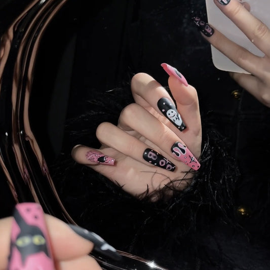 ZZJL-Pink Spooky Press On Nails | Matte Black Cat & Ghost Hand-Painted Art