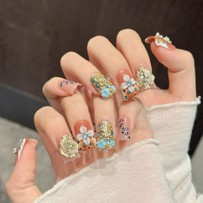 646-Handmade Duck Nails | Leopard Print & Gold Cross Press On Nails | Artisan Crafted Flare Nails