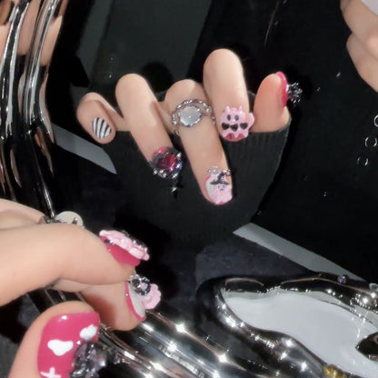EMZX-Pink Pastel Goth Press On Nails | Kawaii Ghost & Bat Luxury Art