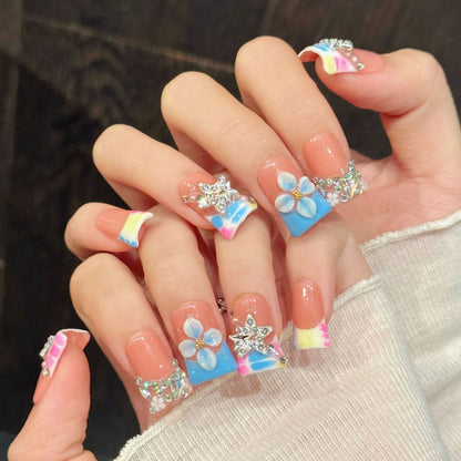 620-Pastel Galaxy Duck Nails | Silver Star & 3D Flower Flare Press On Nails | Dreamy Starry Art