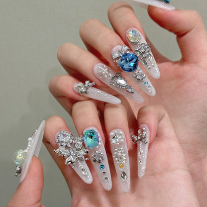 A2-Luxury Handmade Press On Nails - Blue Crystal & Silver Bow Design