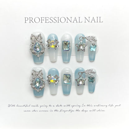 BCHD-Baby Blue Ombre Press On Nails | Crystal Star & Butterfly Fairy Art