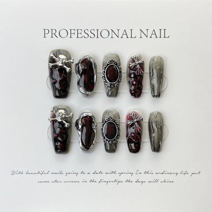 AHLM-Gothic Punk Press On Nails | Dark Red Marble & Skull Silver Art
