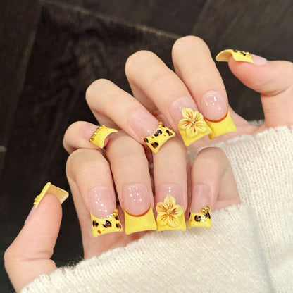 2920-Neon Leopard Duck Nails | Yellow Flare Press On Nails with 3D Flower