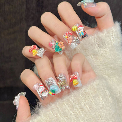 3181-Christmas Press On Nails | 3D Santa, Snowman & Reindeer Duck Nails | Holiday Nail Art