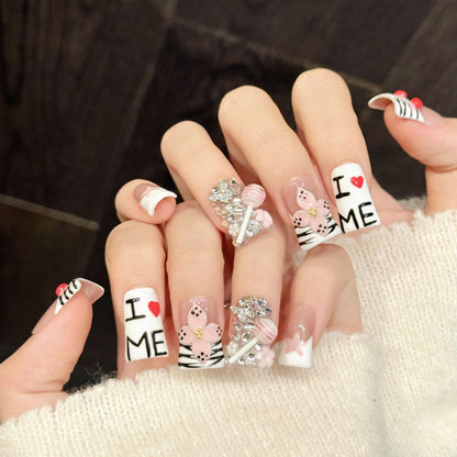 2921-Cherry Zebra Press On Nails Duck Nails | "I Heart Me" Kawaii 3D Lollipop Art