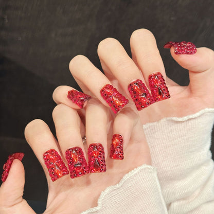 1034-Red Glitter Duck Nails | Full Crystal Crimson Flare Press On Nails