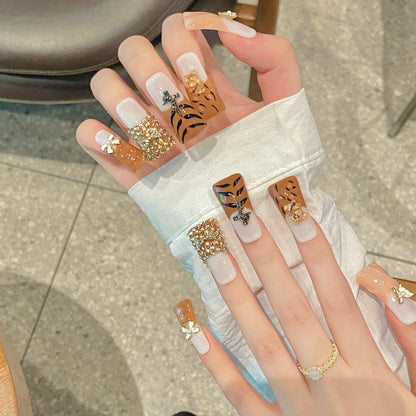 30-Artisan Hand-Painted Duck Nails | Blue Leopard & Gold Cross Press On Nails | 100% Handmade Flare Nails