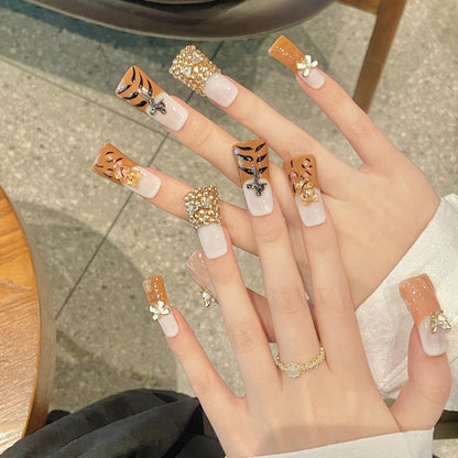 30-Artisan Hand-Painted Duck Nails | Blue Leopard & Gold Cross Press On Nails | 100% Handmade Flare Nails