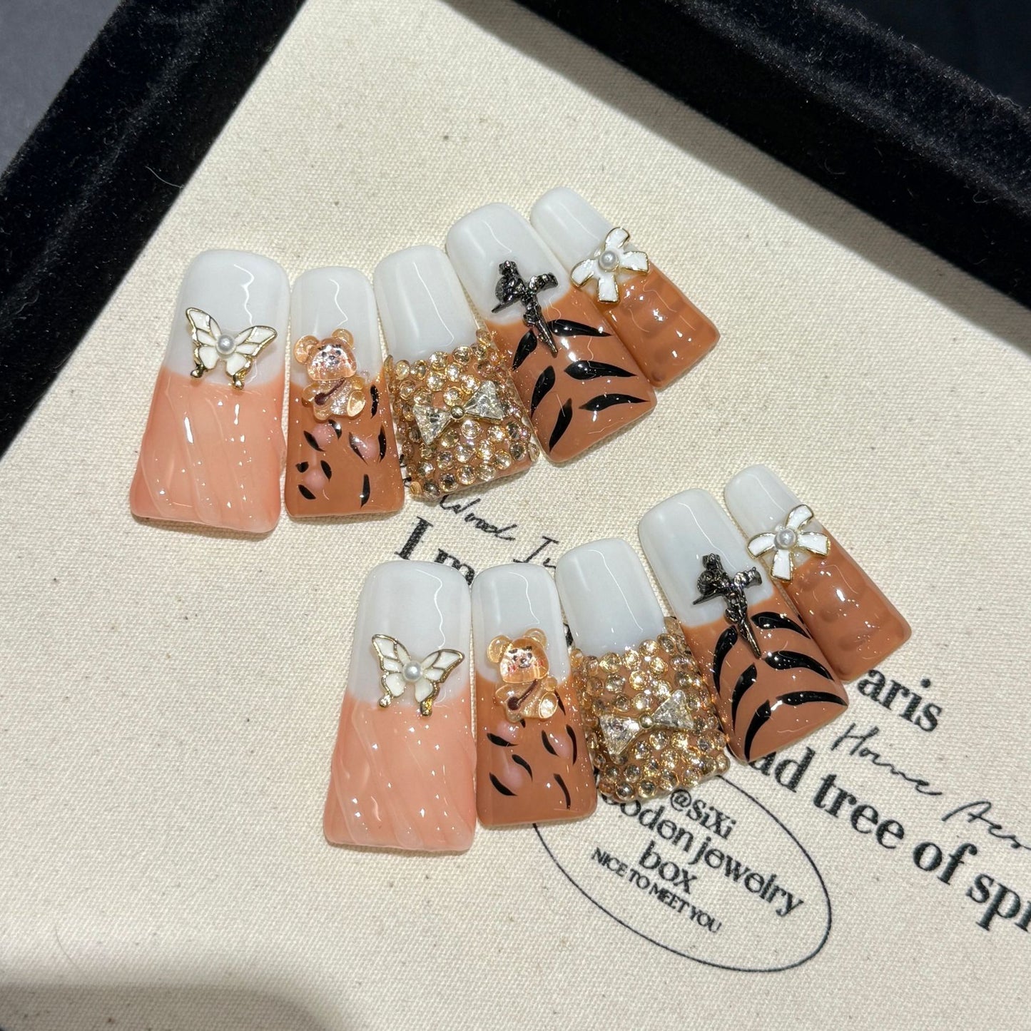 30-Artisan Hand-Painted Duck Nails | Blue Leopard & Gold Cross Press On Nails | 100% Handmade Flare Nails