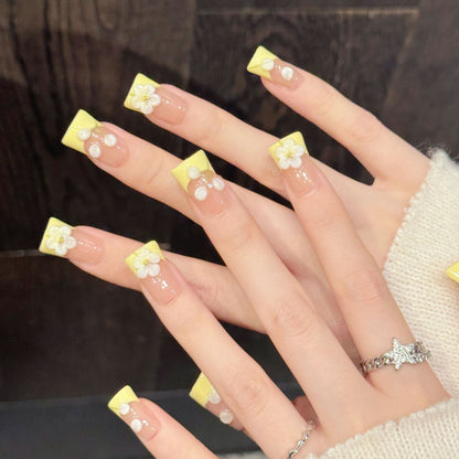 3290-Nude Pink & Yellow French Press On Nails with 3D Flower | Fresh Spring Summer Style