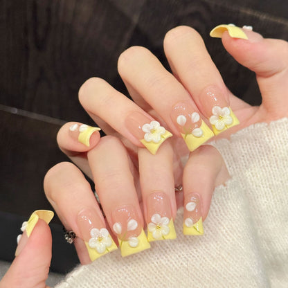 3290-Nude Pink & Yellow French Press On Nails with 3D Flower | Fresh Spring Summer Style