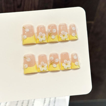 3290-Nude Pink & Yellow French Press On Nails with 3D Flower | Fresh Spring Summer Style