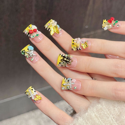 3388-Nude Pink Leopard Duck Nails Press On with Bee & Butterfly Charms | Y2K Statement Nails