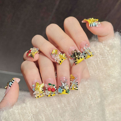 3388-Nude Pink Leopard Duck Nails Press On with Bee & Butterfly Charms | Y2K Statement Nails
