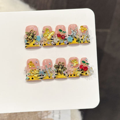 3388-Nude Pink Leopard Duck Nails Press On with Bee & Butterfly Charms | Y2K Statement Nails