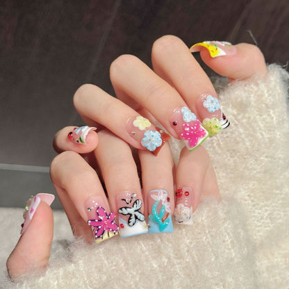 3389-Duck Nails - 3D Floral Butterfly Press Ons | Short Square Y2K Cute Nails