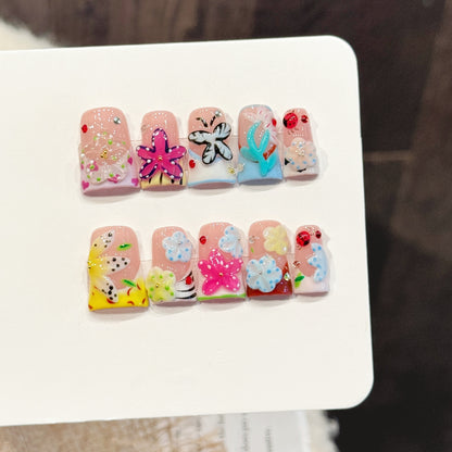 3389-Duck Nails - 3D Floral Butterfly Press Ons | Short Square Y2K Cute Nails