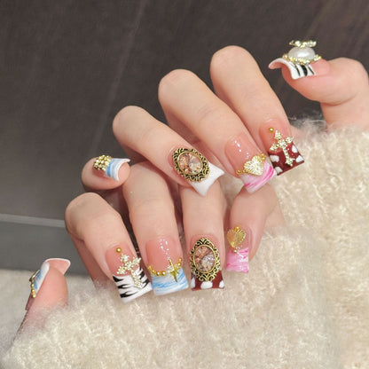 3390-Duck Nails - Vintage Baroque Press Ons | Short Square Cross Portrait Nails