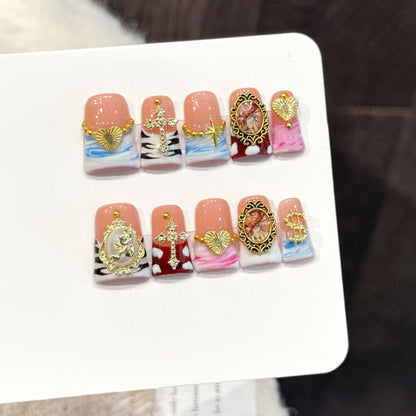 3390-Duck Nails - Vintage Baroque Press Ons | Short Square Cross Portrait Nails