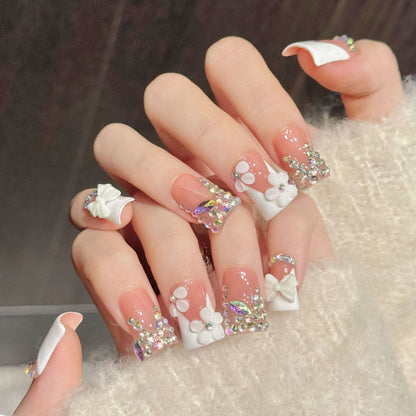 3391-Duck Nails - Coral Pink Rhinestone Press Ons | Short Square Bow Nails