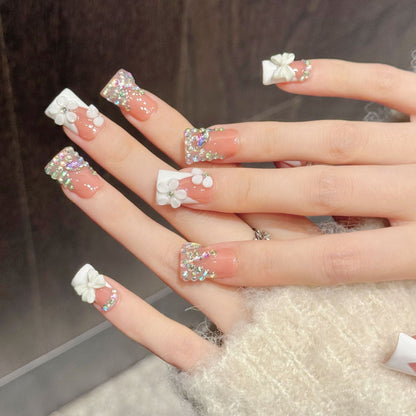 3391-Duck Nails - Coral Pink Rhinestone Press Ons | Short Square Bow Nails