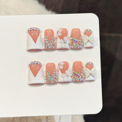 3391-Duck Nails - Coral Pink Rhinestone Press Ons | Short Square Bow Nails