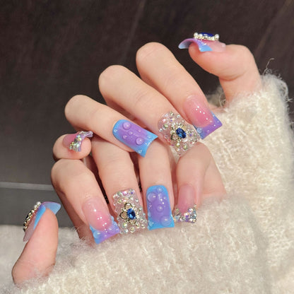3393-Duck Nails - Pink Purple Gradient Press Ons | Gem Rhinestone Y2K Nails