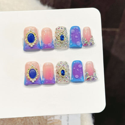 3393-Duck Nails - Pink Purple Gradient Press Ons | Gem Rhinestone Y2K Nails
