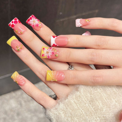 3394-Duck Nails - Spring Floral Press Ons | Short Square Pink Yellow Nail