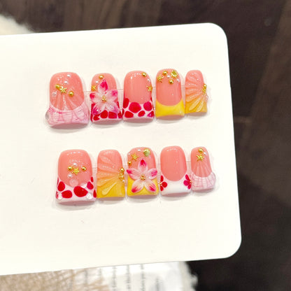 3394-Duck Nails - Spring Floral Press Ons | Short Square Pink Yellow Nail