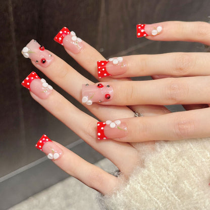 3395-Duck Nails - Red Polka Dot Press Ons | Short Square French Nails