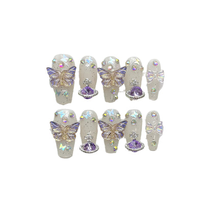 JGHD-Galactic Purple Press On Nails | Saturn & 3D Butterfly Luxury Art