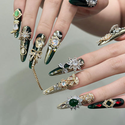 A4-Emerald Empress Luxury Handmade Press On Nails | Vintage Baroque Art