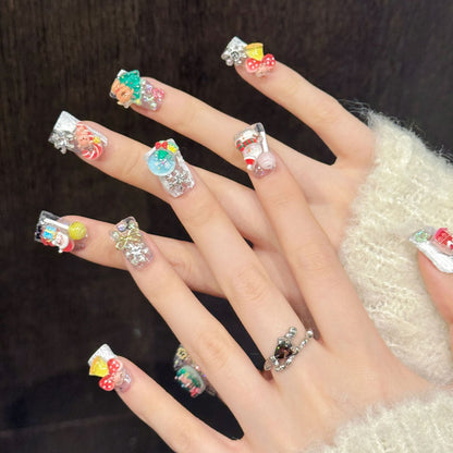 3181-Christmas Press On Nails | 3D Santa, Snowman & Reindeer Duck Nails | Holiday Nail Art