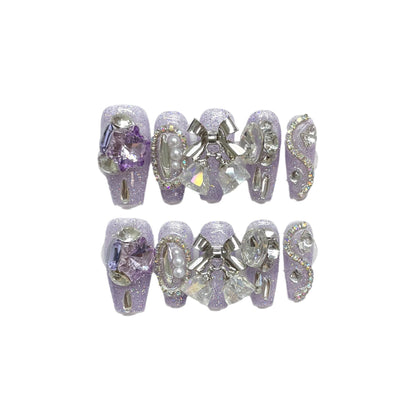 ZXXZ-Lavender Glitter Press On Nails | Silver Bow & Pearl Frame Luxury Art