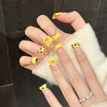 2920-Neon Leopard Duck Nails | Yellow Flare Press On Nails with 3D Flower