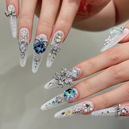 A2-Luxury Handmade Press On Nails - Blue Crystal & Silver Bow Design