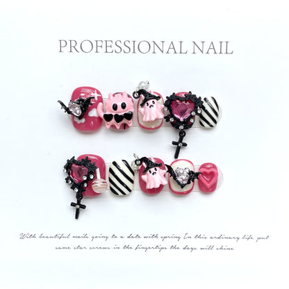 EMZX-Pink Pastel Goth Press On Nails | Kawaii Ghost & Bat Luxury Art