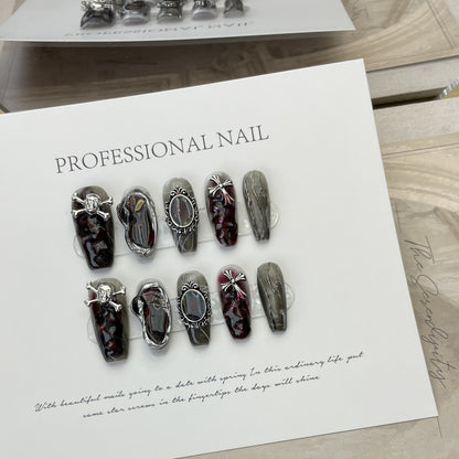 AHLM-Gothic Punk Press On Nails | Dark Red Marble & Skull Silver Art