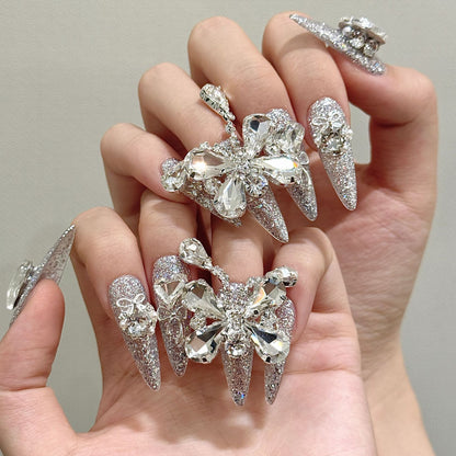 A5-Silver Diamond Butterfly Press On Nails | Extreme Glitz Luxury Handmade