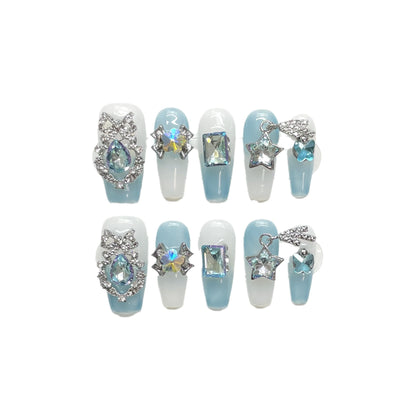 BCHD-Baby Blue Ombre Press On Nails | Crystal Star & Butterfly Fairy Art