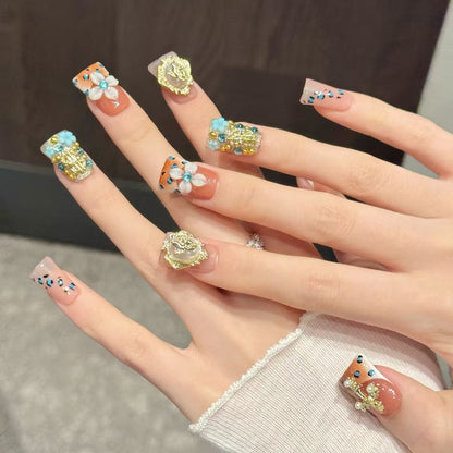 646-Handmade Duck Nails | Leopard Print & Gold Cross Press On Nails | Artisan Crafted Flare Nails