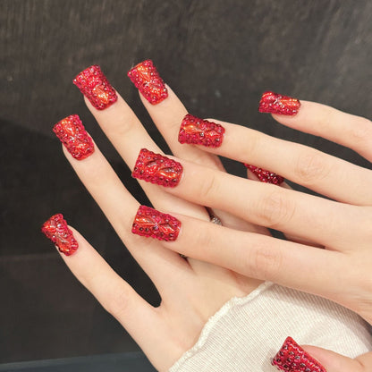 1034-Red Glitter Duck Nails | Full Crystal Crimson Flare Press On Nails