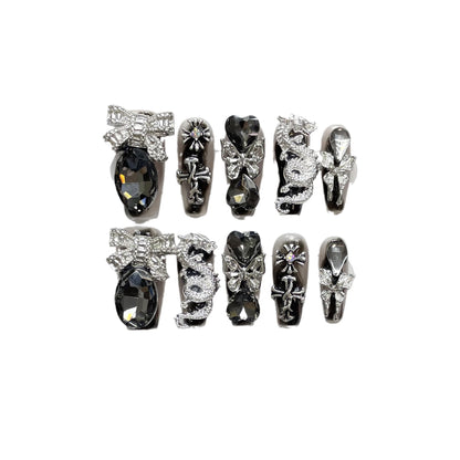 AHZG-Midnight Dragon Press On Nails | Silver Bow & Gothic Heart Luxury Art