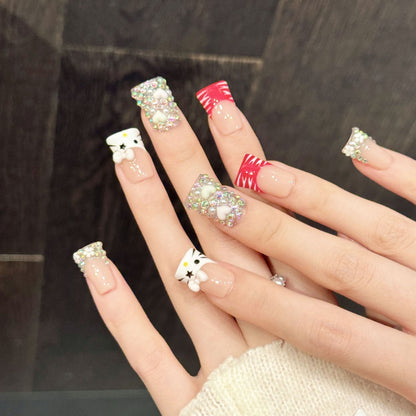 3334-Sweet Kitty Handmade Press On Nails Duck Nails| Red Lips & Full Diamond Luxury Art