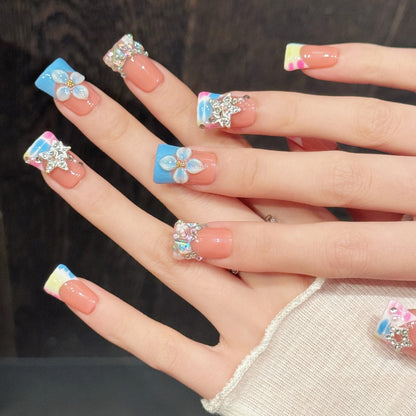 620-Pastel Galaxy Duck Nails | Silver Star & 3D Flower Flare Press On Nails | Dreamy Starry Art