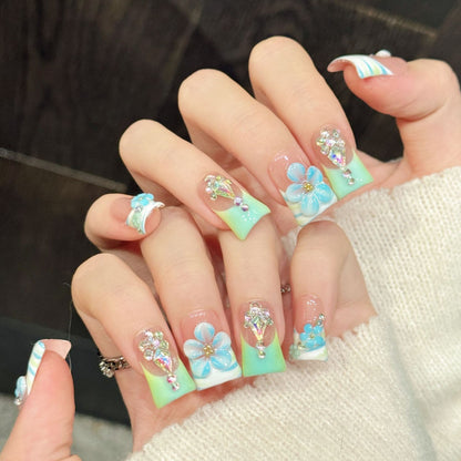 3287-Mint & Blue Duck Nails | Flare Press On Nails with 3D Tropical Flowers